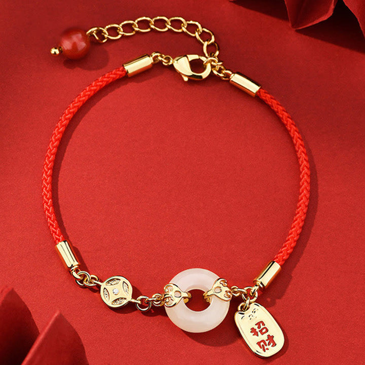 Pulsera de bendición con dije de fortuna y moneda de cobre con hebilla de paz de Jade blanco y Buddha Stones