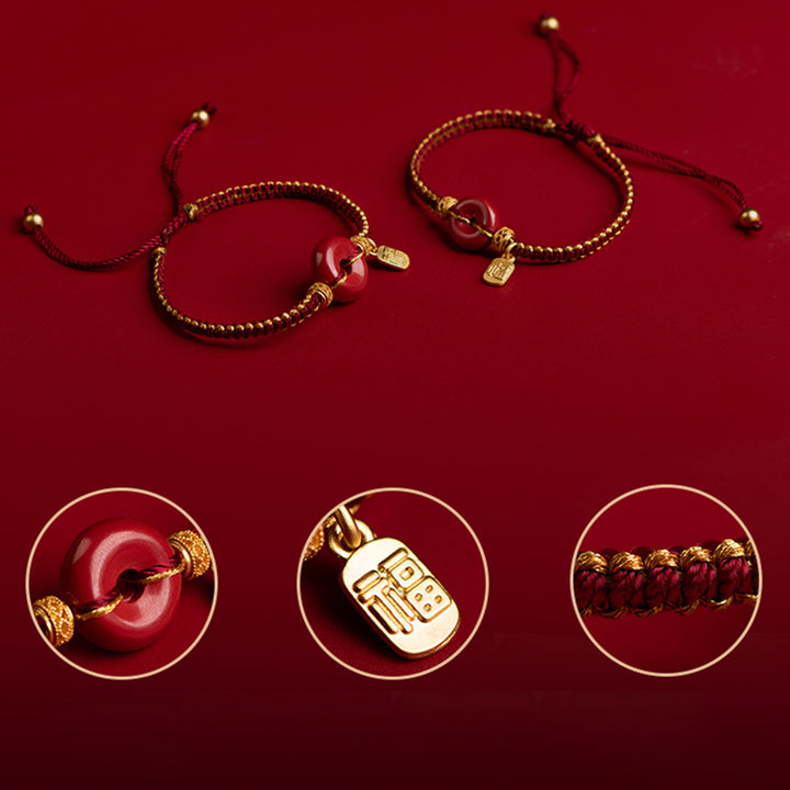 Pulsera trenzada de bendición con dije de personaje Fu con hebilla de paz y cinabrio natural con Buddha Stones