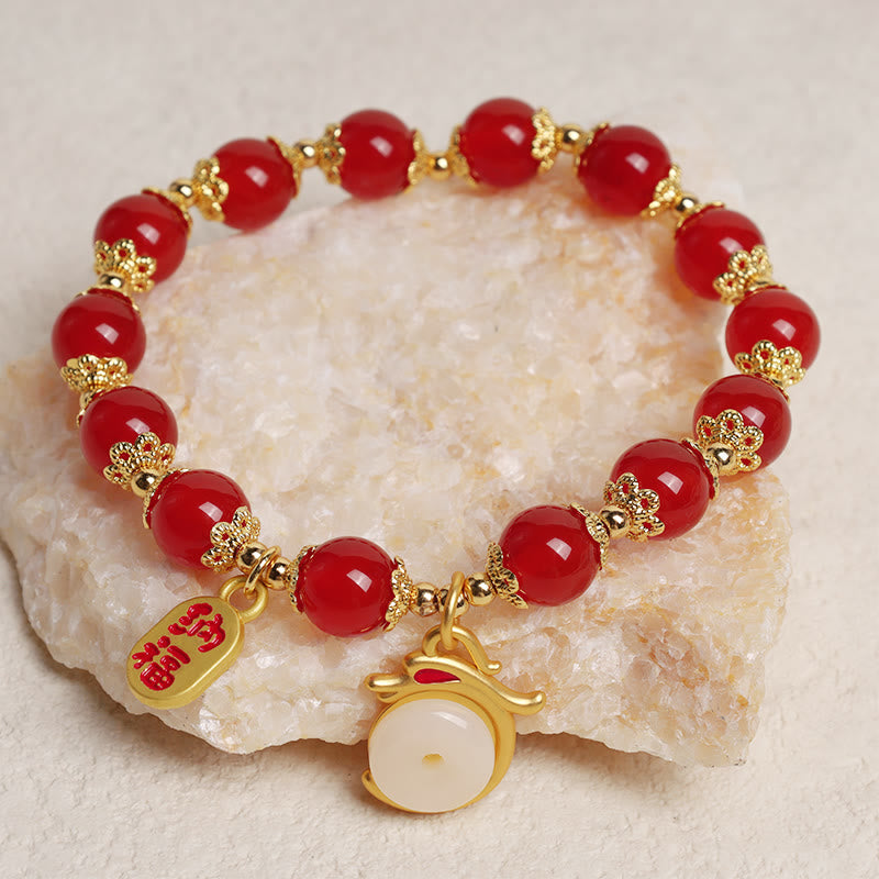 Buddha Stones Año del Dragón Ágata Roja Aventurina Verde Hebilla de la Paz Personaje Fu Pulsera de la Fortuna de la Suerte
