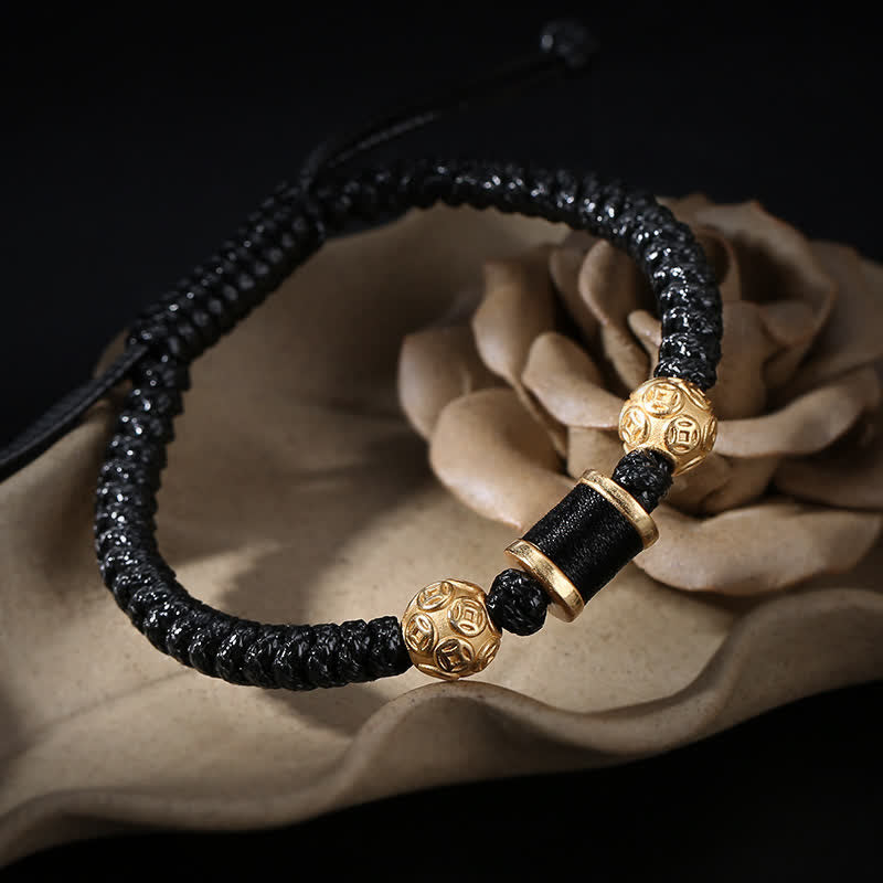 Pulsera de hilo trenzado con cuentas de moneda de cobre y plata de ley 999 con Buddha Stones