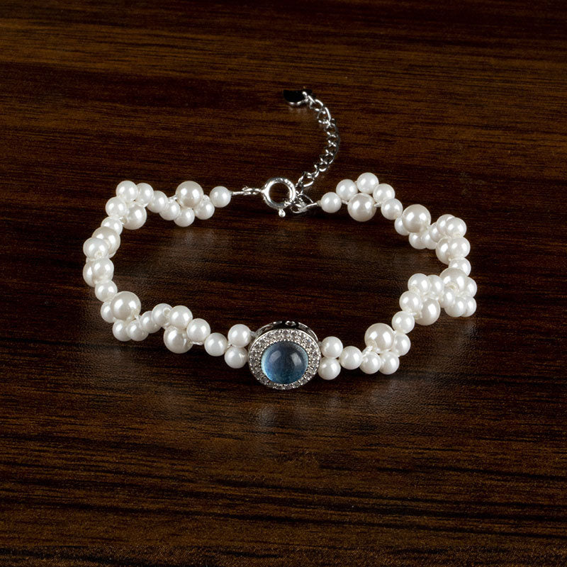 Anillo de pulsera de cadena curativa de calcedonia azul perla de plata de ley 925 con Buddha Stones
