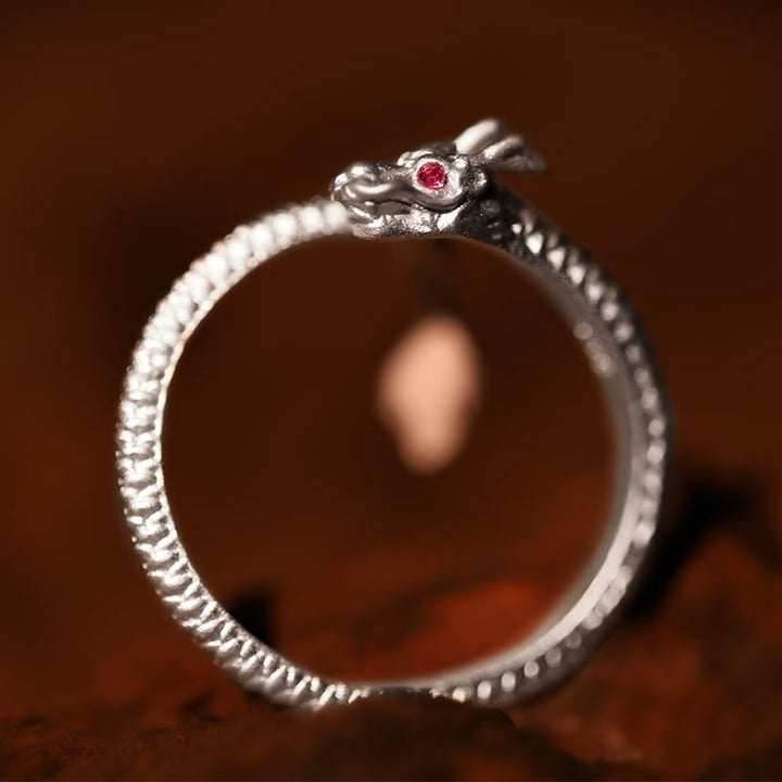 Anillo ajustable de plata de ley 925 con Buddha Stones , diseño vintage del Año del Dragón, protección de la suerte