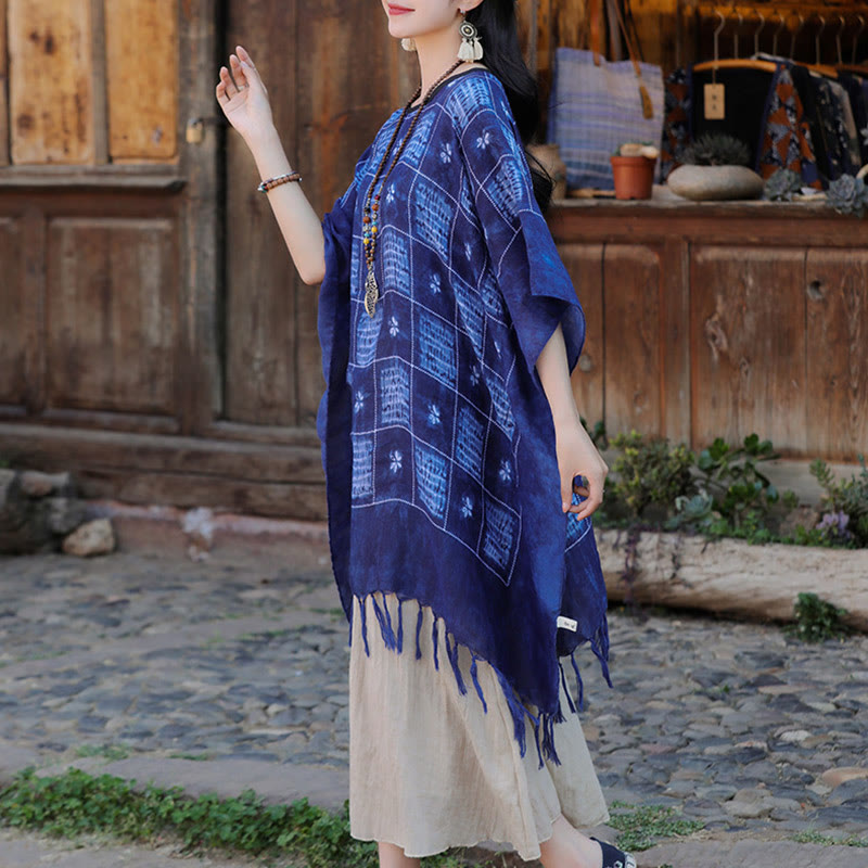 Jersey suave con borlas y chal a cuadros con bloques de Color azul de Buddha Stones 90*95cm