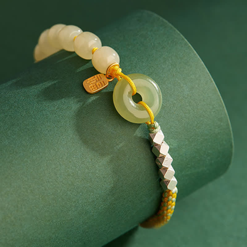Pulsera de plata de ley 925 con hebilla de paz y jade hetiano con cuentas de suerte y felicidad