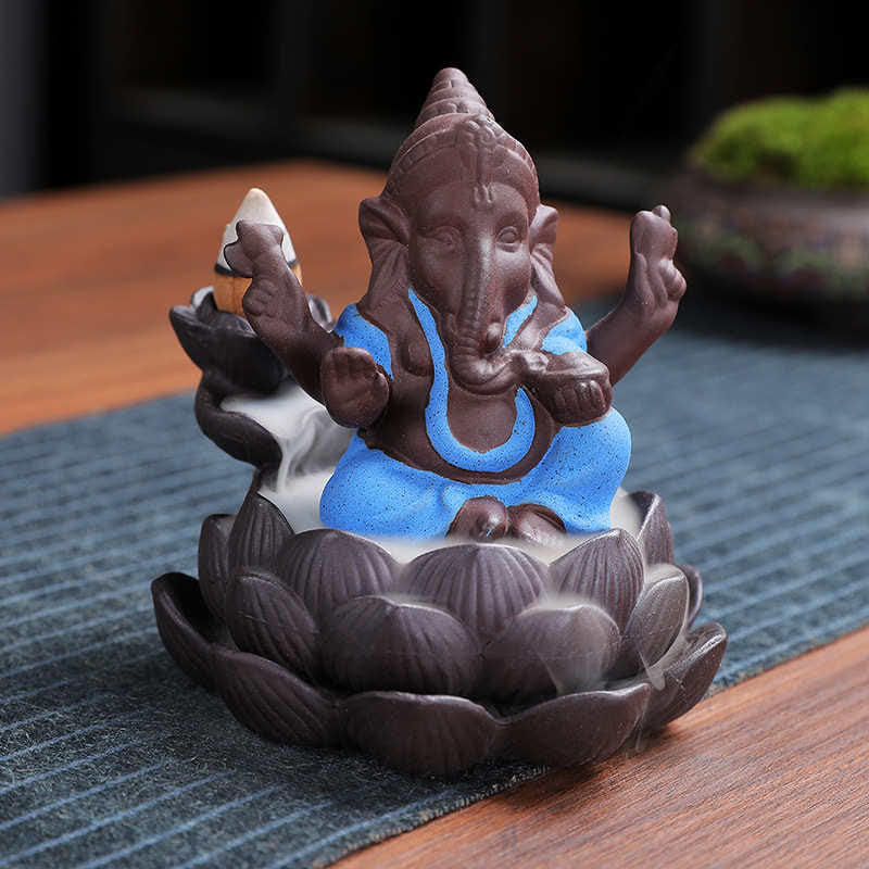 Quemador de incienso de protección de fuente de humo de reflujo de arcilla púrpura elefante Ganesh