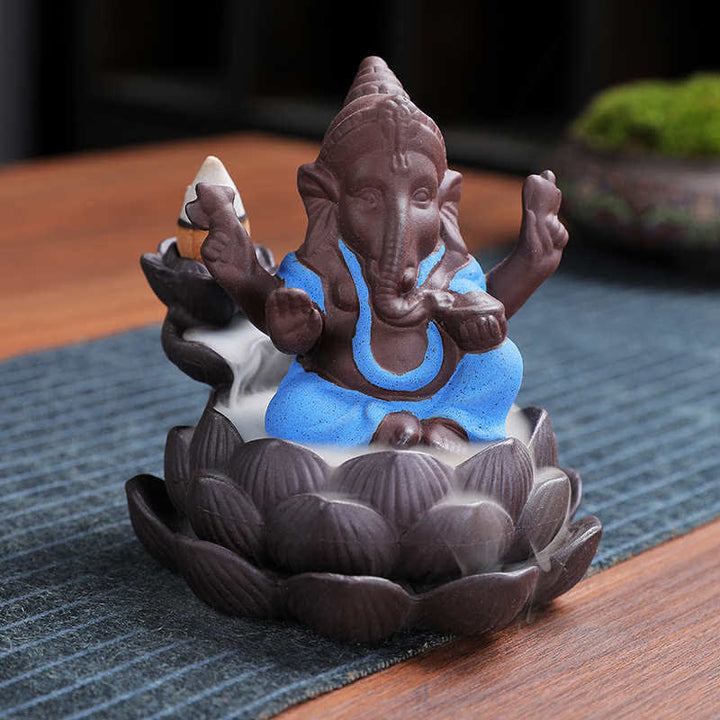 Quemador de incienso de protección de fuente de humo de reflujo de arcilla púrpura elefante Ganesh
