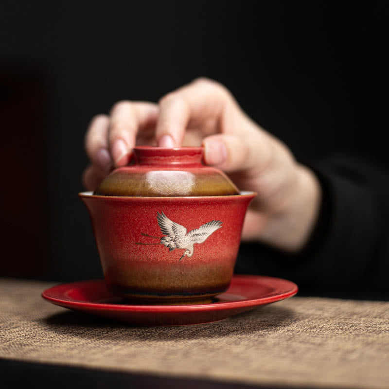 Taza de té y platillo con tapa, Gaiwan Sancai de cerámica con grulla roja, Buddha Stones, Kung Fu
