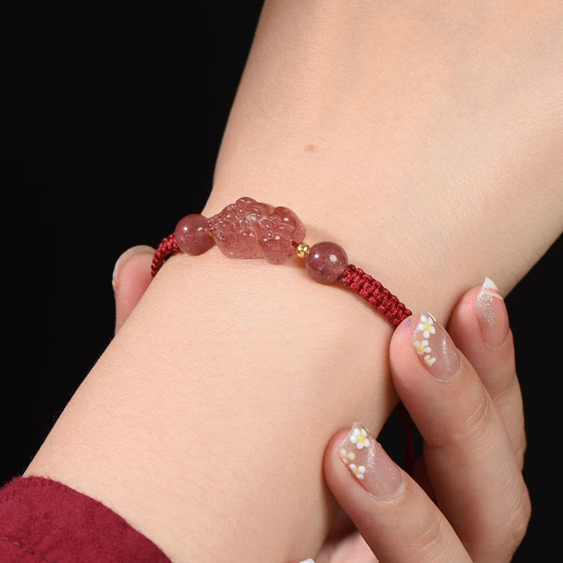 Pulsera de hilo rojo de la suerte PiXiu de cuarzo fresa Natural con Buddha Stones