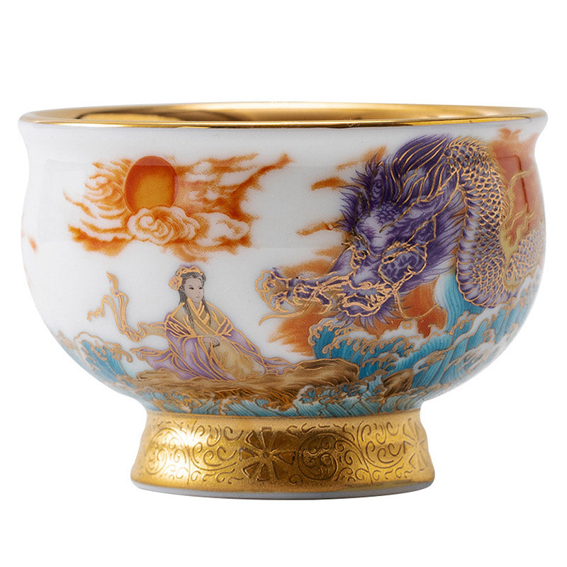 Taza de té de cerámica dorada con Buddha Stones, águila dorada, dragón auspicioso, sol, olas del océano, taza de té de Kung Fu