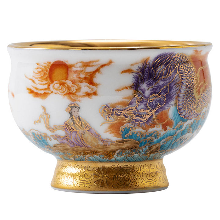 Taza de té de cerámica dorada con Buddha Stones, águila dorada, dragón auspicioso, sol, olas del océano, taza de té de Kung Fu