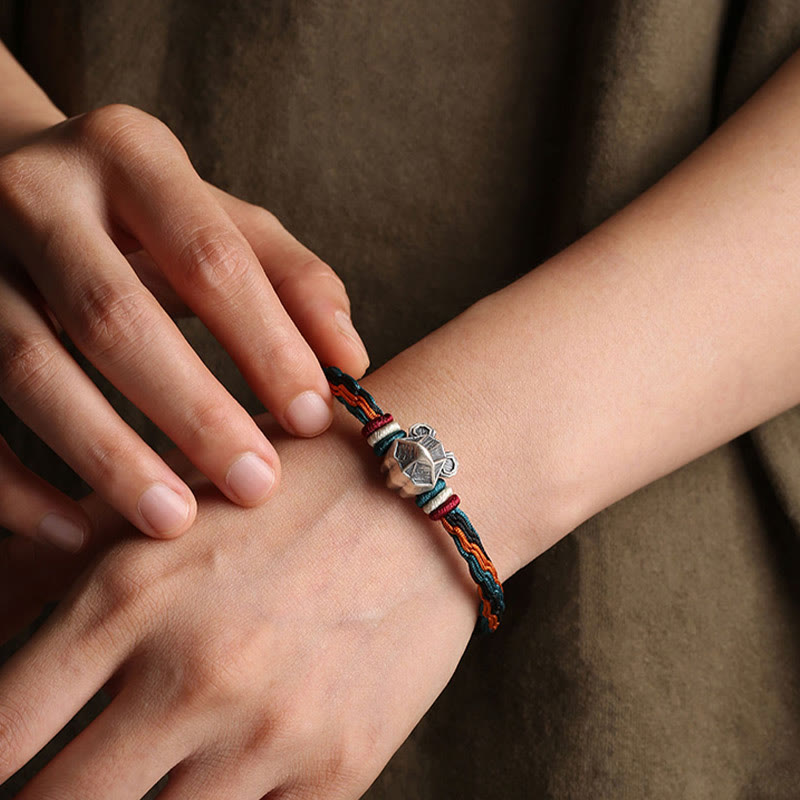Pulsera de cuerda con nudo de reencarnación colorida, protección del zodiaco chino, Año del Dragón, plata de ley 999 hecha a mano con Buddha Stones