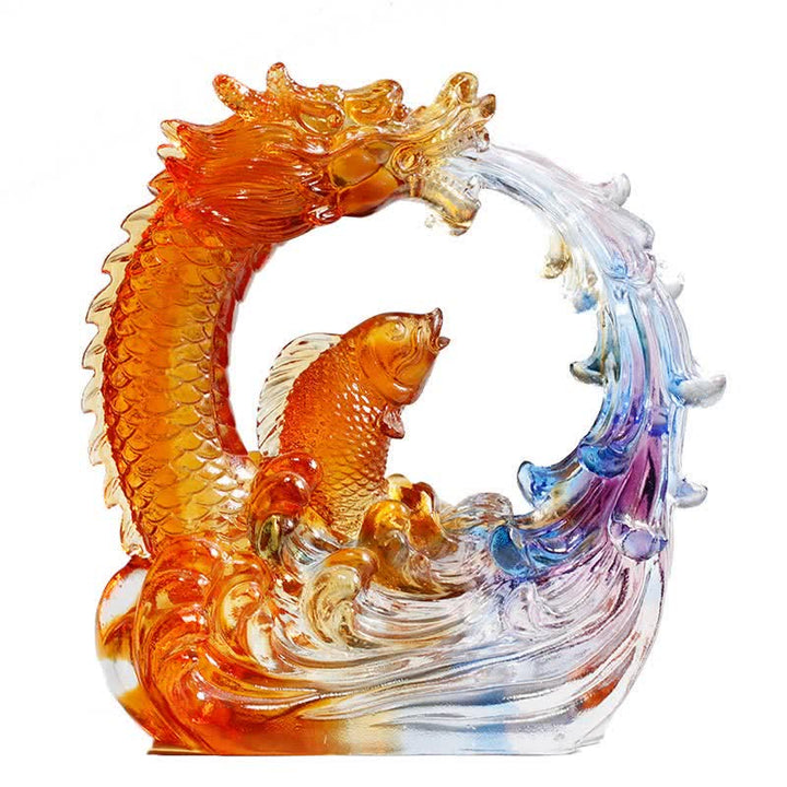 Buddha Stones Feng Shui Dragón Koi Pez hecho a mano Liuli Crystal Art Piece Decoración de la Oficina del Hogar