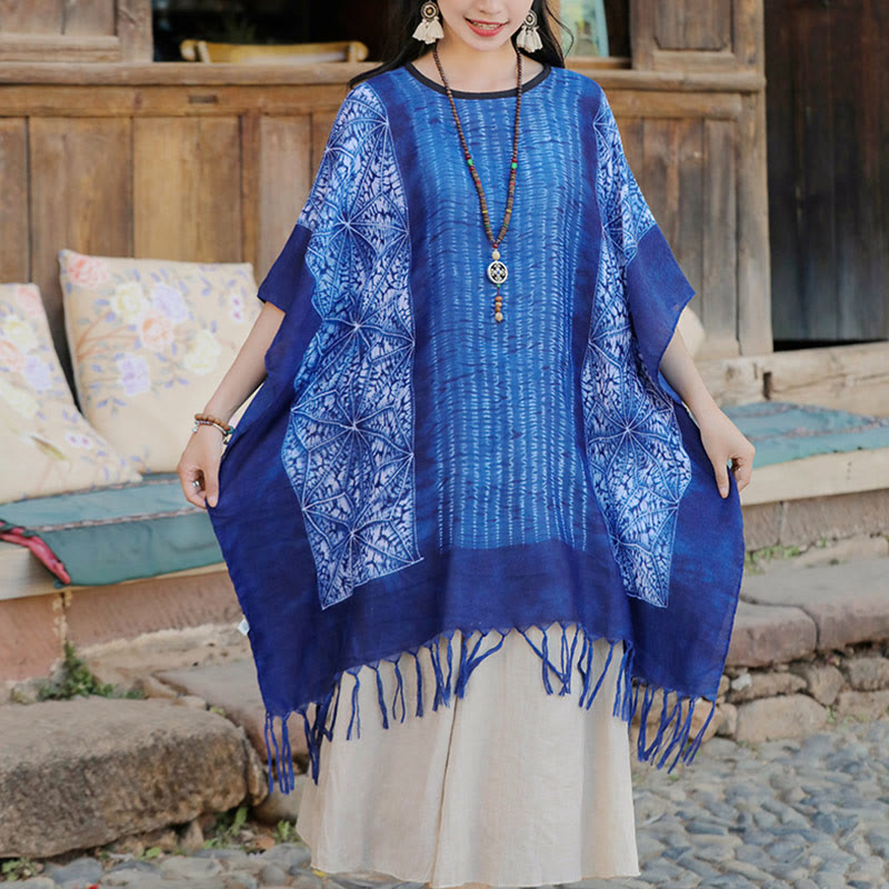 Jersey de viaje acogedor con borlas y chal Batik de rayas geométricas azules con Buddha Stones 90*95cm