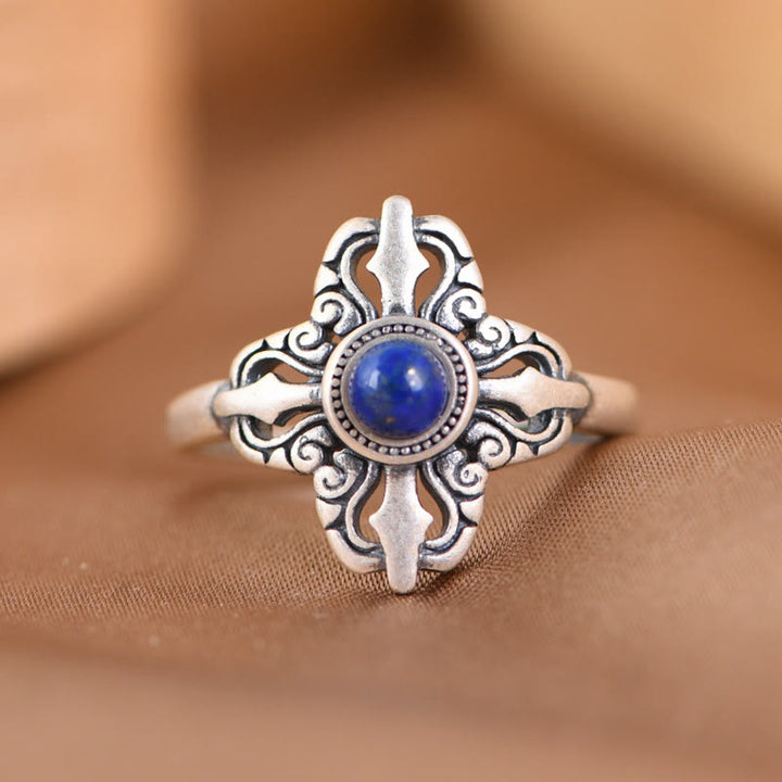 Anillo ajustable positivo de lazurita natural de plata de ley 925 con Buddha Stones del Tíbet