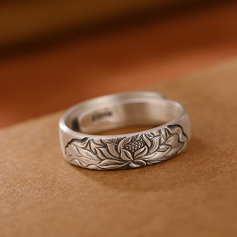 Anillo de iluminación grabado con Buddha Stones de plata de ley 999, flor de loto, flor de ciruelo, nubes auspiciosas