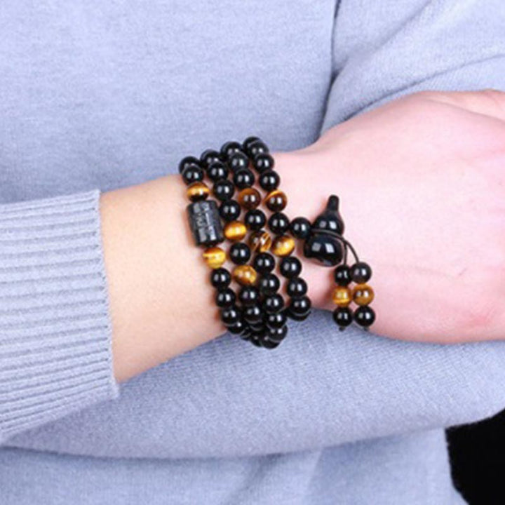 Pulsera de bendición de calabaza de obsidiana arcoíris de obsidiana negra natural con Buddha Stones Mala