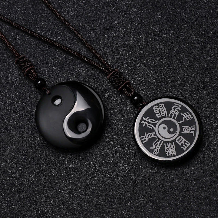 Buddha Stones, obsidiana negra, taoísmo, cinco montañas sagradas, Mantra de nueve caracteres tallado, purificación, colgante de collar Yin Yang - image 1