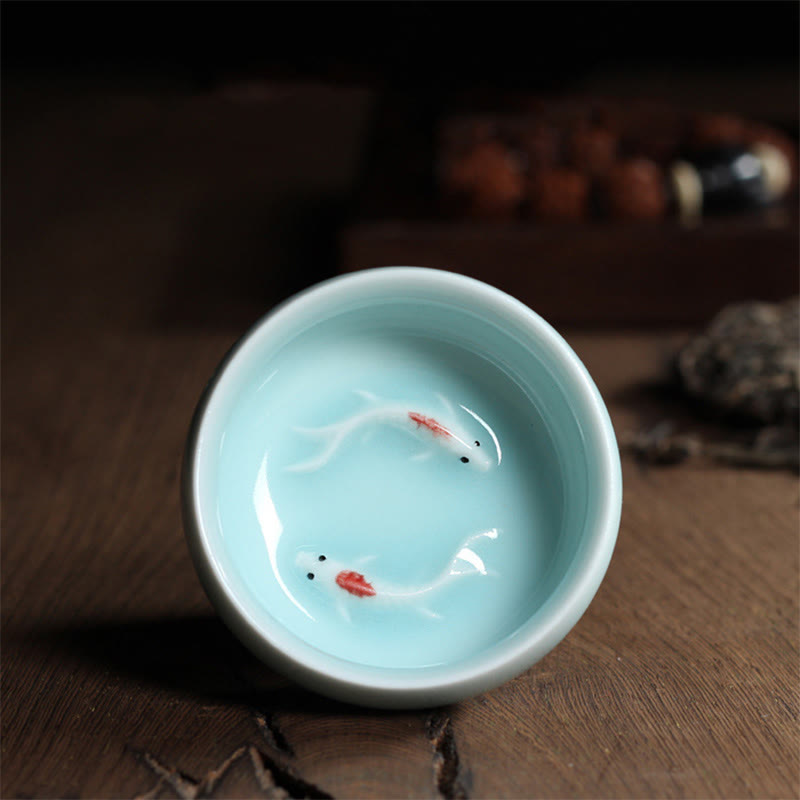 Taza de té de cerámica con forma de pez koi de colores y Buddha Stones - Pez koi verde claro 6,8 cm x 3,4 cm x 55 ml - image 28
