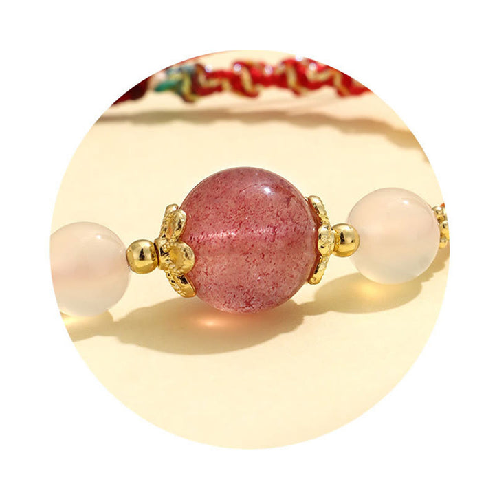 Pulsera de cuerda curativa con cuentas de ágata blanca y prehnita de cristal rosa de cuarzo fresa con Buddha Stones