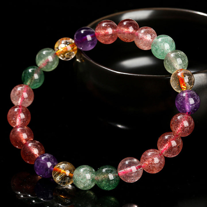 Pulsera con cuentas curativas de amor de cuarzo fresa multicolor natural con Buddha Stones