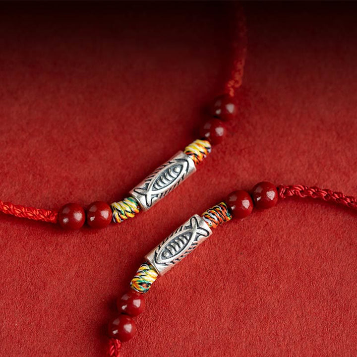 Pulsera tobillera trenzada hecha a mano con cuentas de cinabrio y pez Koi de plata de ley 925 con Buddha Stones