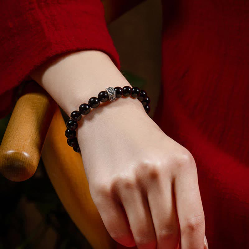 Pulsera de fuerza de piedra lunar de obsidiana negra de plata de ley 925 con Buda natal del zodíaco chino - image 2