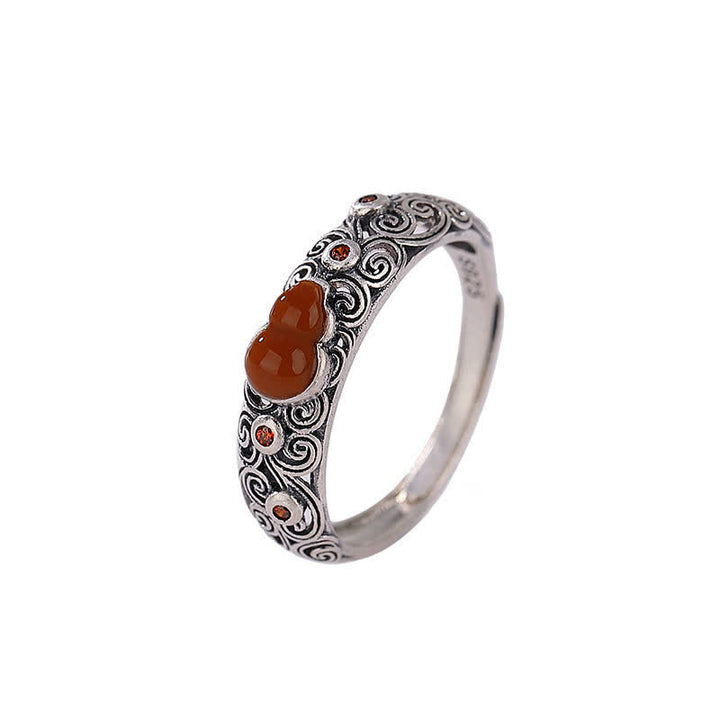Anillo auspicioso de bendición de calabaza de jade cian de ágata roja de plata de ley 925