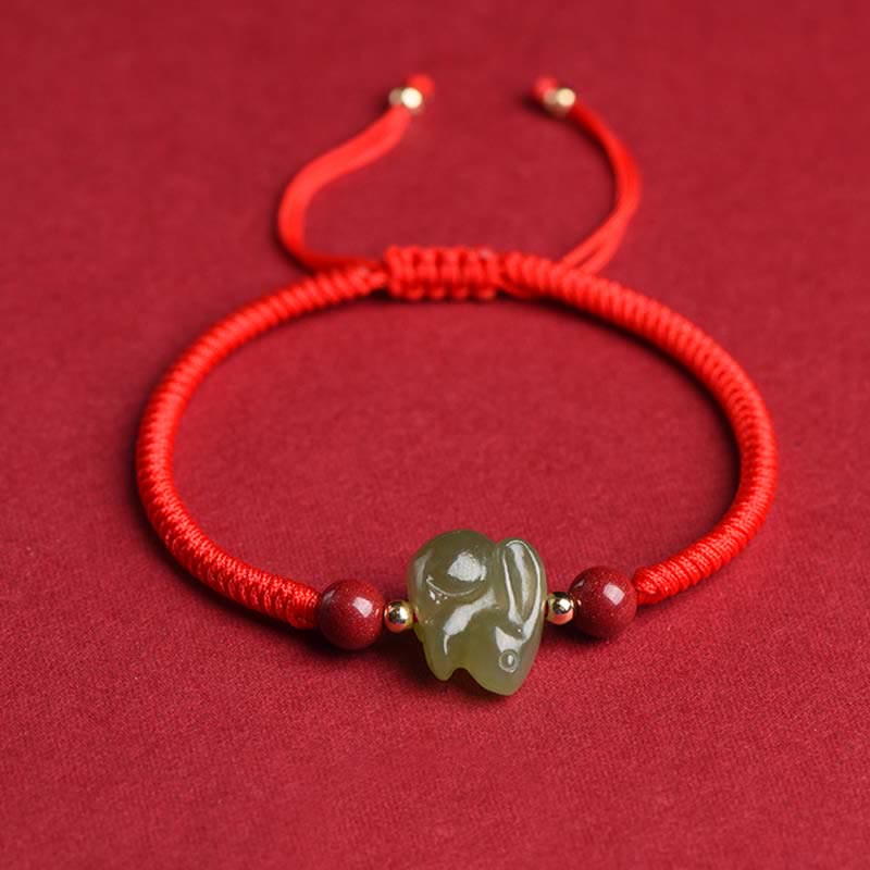 Año del Conejo Hetian Jade Bunny Cinabrio Con Cuentas Pulsera de Hilo de Abundancia