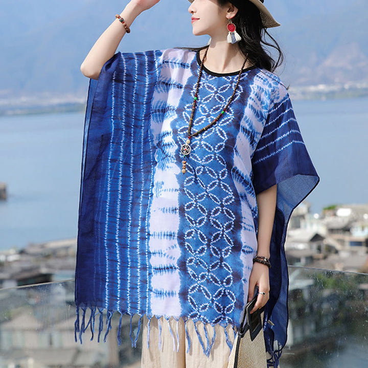Buddha Stones azul blanco rayas índigo teñido chal borlas acogedor jersey 90*95 cm