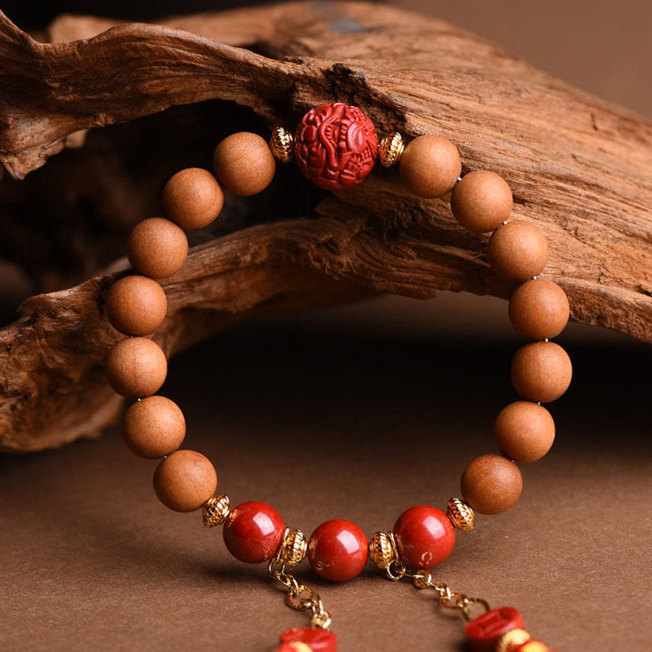 Pulsera de borlas de riqueza PiXiu de cinabrio de madera de melocotón Natural tibetana con Buddha Stones