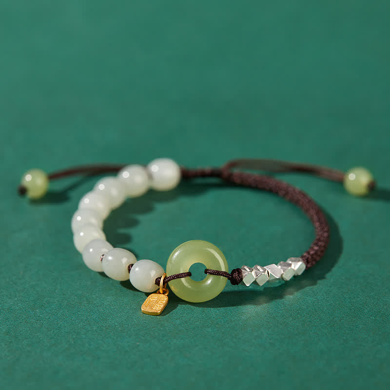 Pulsera de plata de ley 925 con hebilla de paz y jade hetiano con cuentas de suerte y felicidad