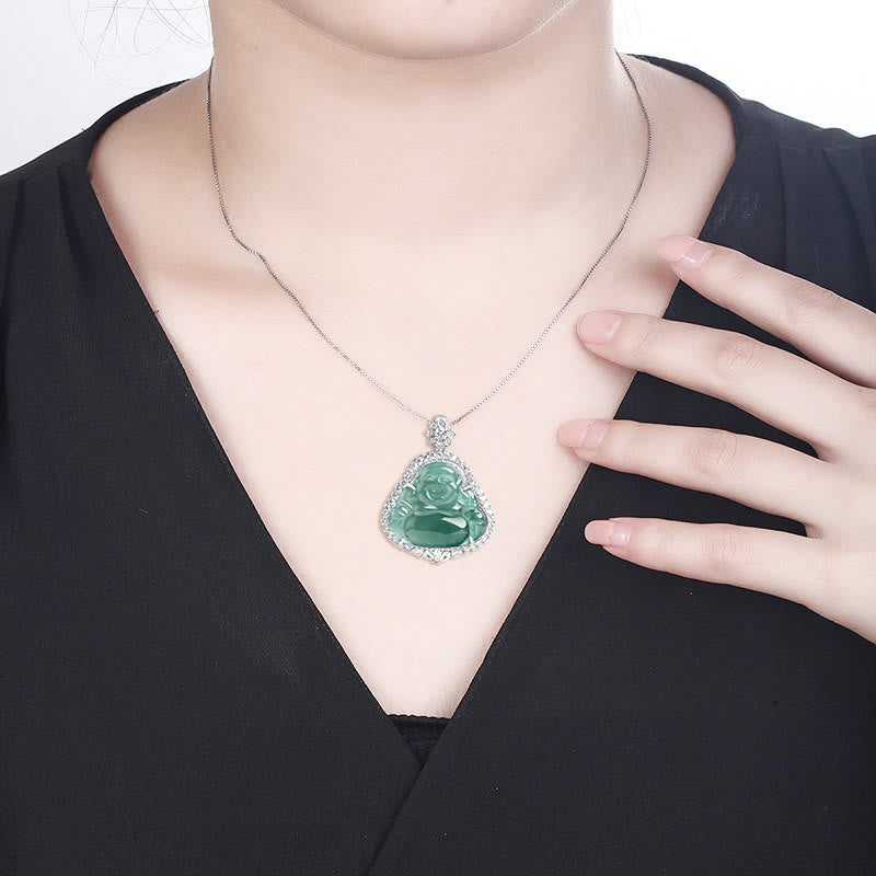 Colgante de cadena de plata de ley 925 con Buddha Stones , Buda sonriente, jade natural, suerte, abundancia - image 8