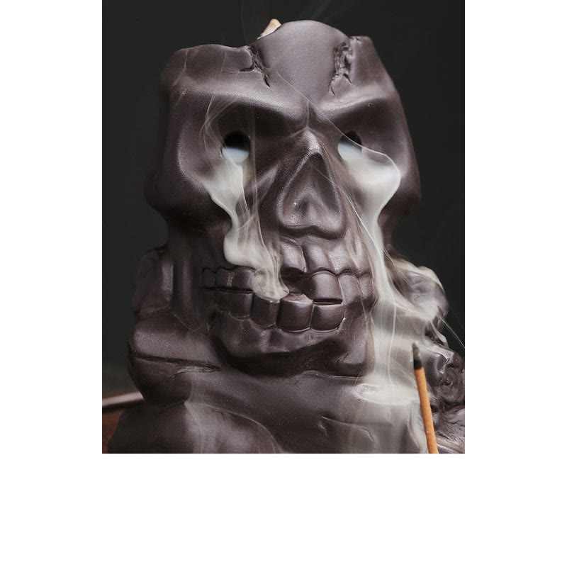 Buddha Stones, cabeza de calavera de Halloween, decoración de quemador de incienso curativo de arcilla púrpura