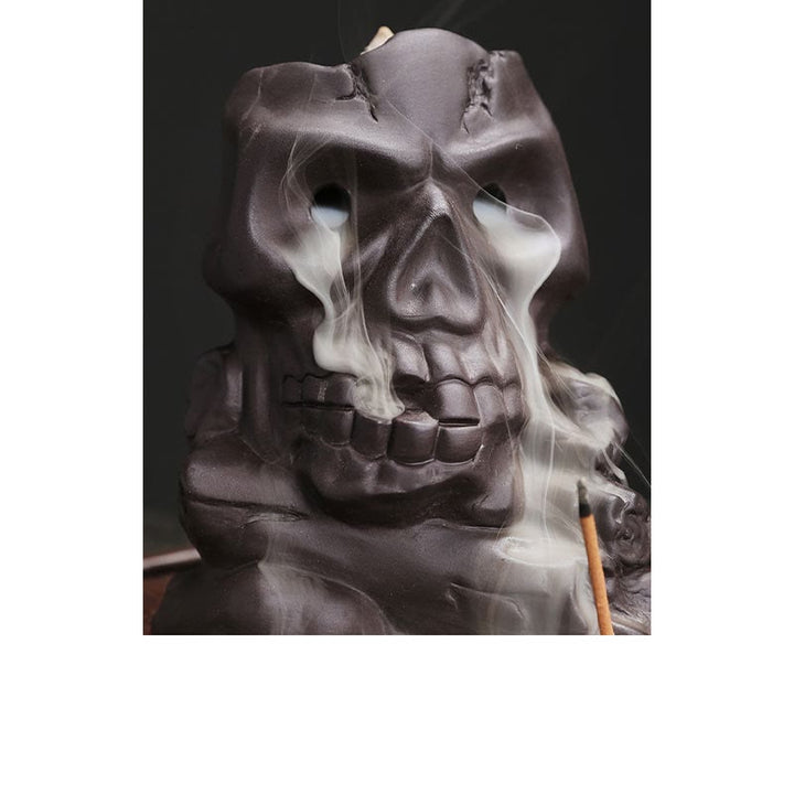 Buddha Stones, cabeza de calavera de Halloween, decoración de quemador de incienso curativo de arcilla púrpura