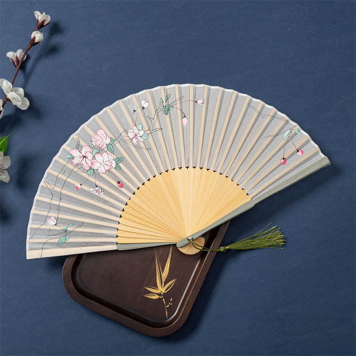 Abanico plegable de bambú de seda de mano con Buddha Stones , loto, flor de Begonia, jazmín, 21cm