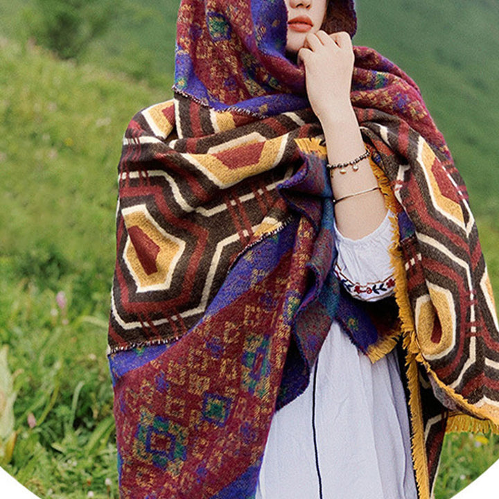 Mantón tibetano de Buddha Stones, patrón de formas geométricas, marrón, azul y rojo, bufanda de viaje acogedora para invierno