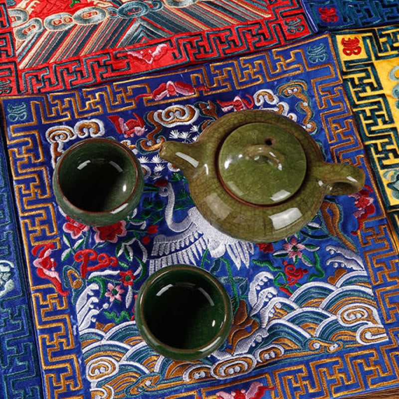 Tapete para tazas bordado con Buddha Stones, grulla, dragón Fénix, Kirin, posavasos para tazas de té, tapete para té cuadrado Kung Fu