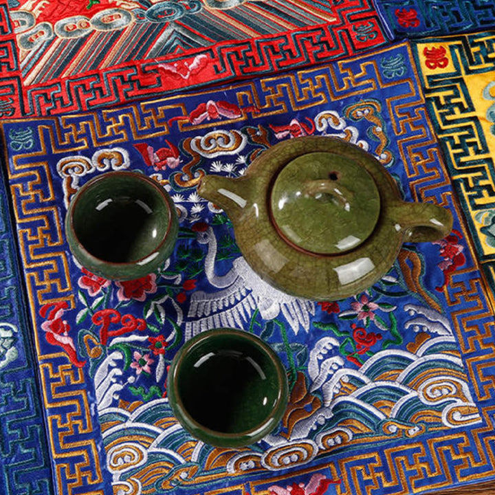 Tapete para tazas bordado con Buddha Stones, grulla, dragón Fénix, Kirin, posavasos para tazas de té, tapete para té cuadrado Kung Fu