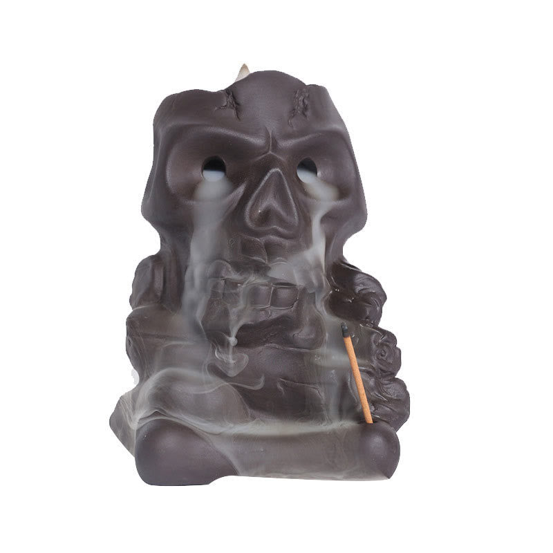 Buddha Stones, cabeza de calavera de Halloween, decoración de quemador de incienso curativo de arcilla púrpura