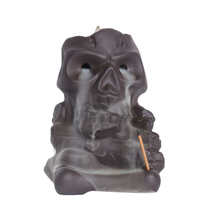 Buddha Stones, cabeza de calavera de Halloween, decoración de quemador de incienso curativo de arcilla púrpura