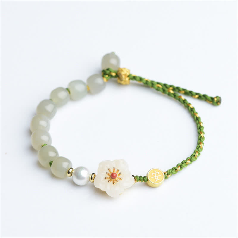 Pulsera de la suerte de flor de melocotón de jade hetiano natural de plata de ley 925