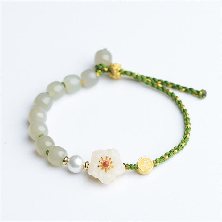 Pulsera de la suerte de flor de melocotón de jade hetiano natural de plata de ley 925