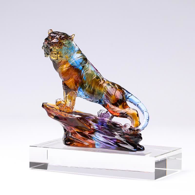 Pieza de arte de tigre de cristal Liuli hecha a mano, protección para decoración del hogar - Púrpura y base - image 15