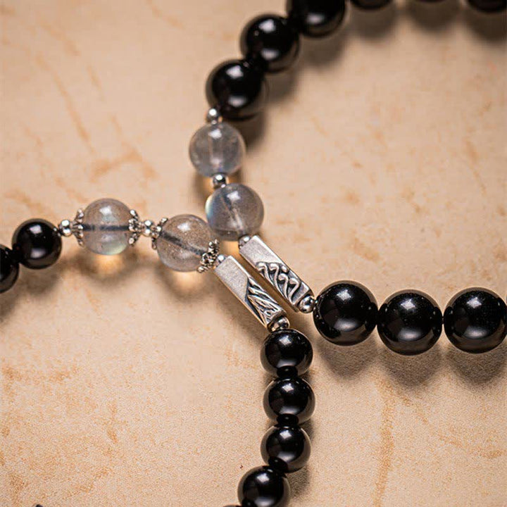 Pulsera de pareja de fuerza de piedra lunar de obsidiana de plata de ley 925