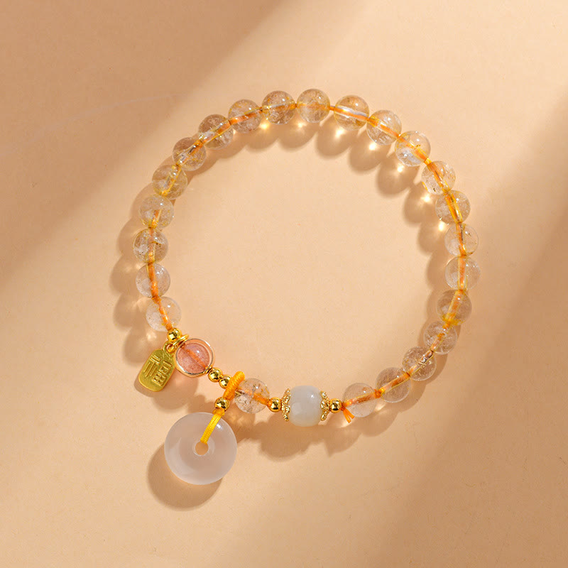 Pulsera de riqueza con dije de hebilla de paz con carácter Fu de Cuarzo rutilado dorado Natural con Buddha Stones