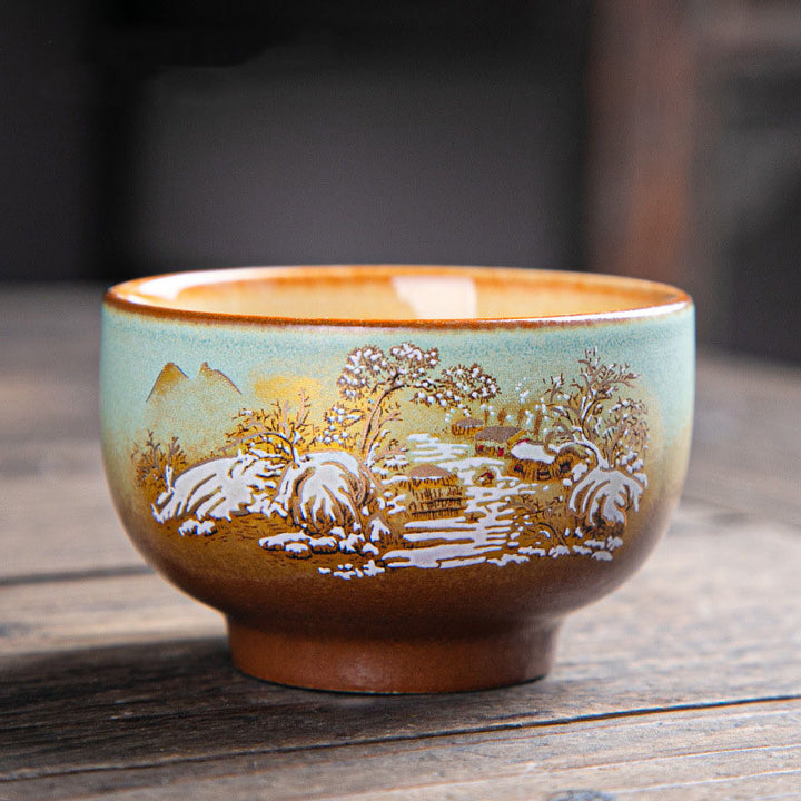 Buddha Stones, ciervo colorido, Pipa, nieve, flores de ciruelo, montañas, ríos, pájaro, taza de té de cerámica, tazón de té de Kung Fu