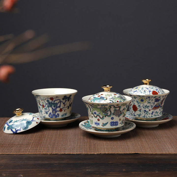 Buddha Stones Retro, flor de ciruelo, pino, bambú, Phoenix Kirin, cerámica Gaiwan Sancai, taza de té de Kung Fu y platillo con tapa