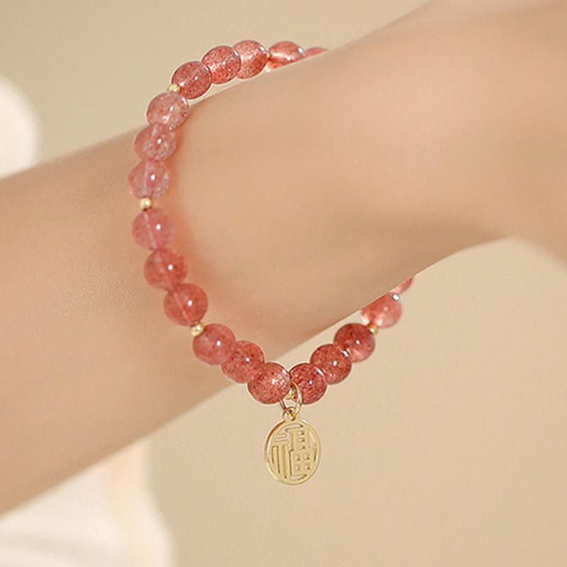 Pulsera con dije curativo de personaje Fu de cuarzo fresa chapado en oro de 14 quilates con Buddha Stones