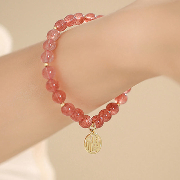 Pulsera con dije curativo de personaje Fu de cuarzo fresa chapado en oro de 14 quilates con Buddha Stones