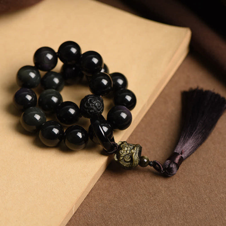 Buddha Stones negra Natural León muñeca Mala protección borlas bolsillo Mala decoración del coche